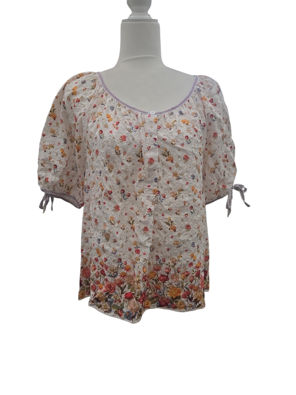 Max Studio Cream Floral Puff Sleeve Scoop Neck Top